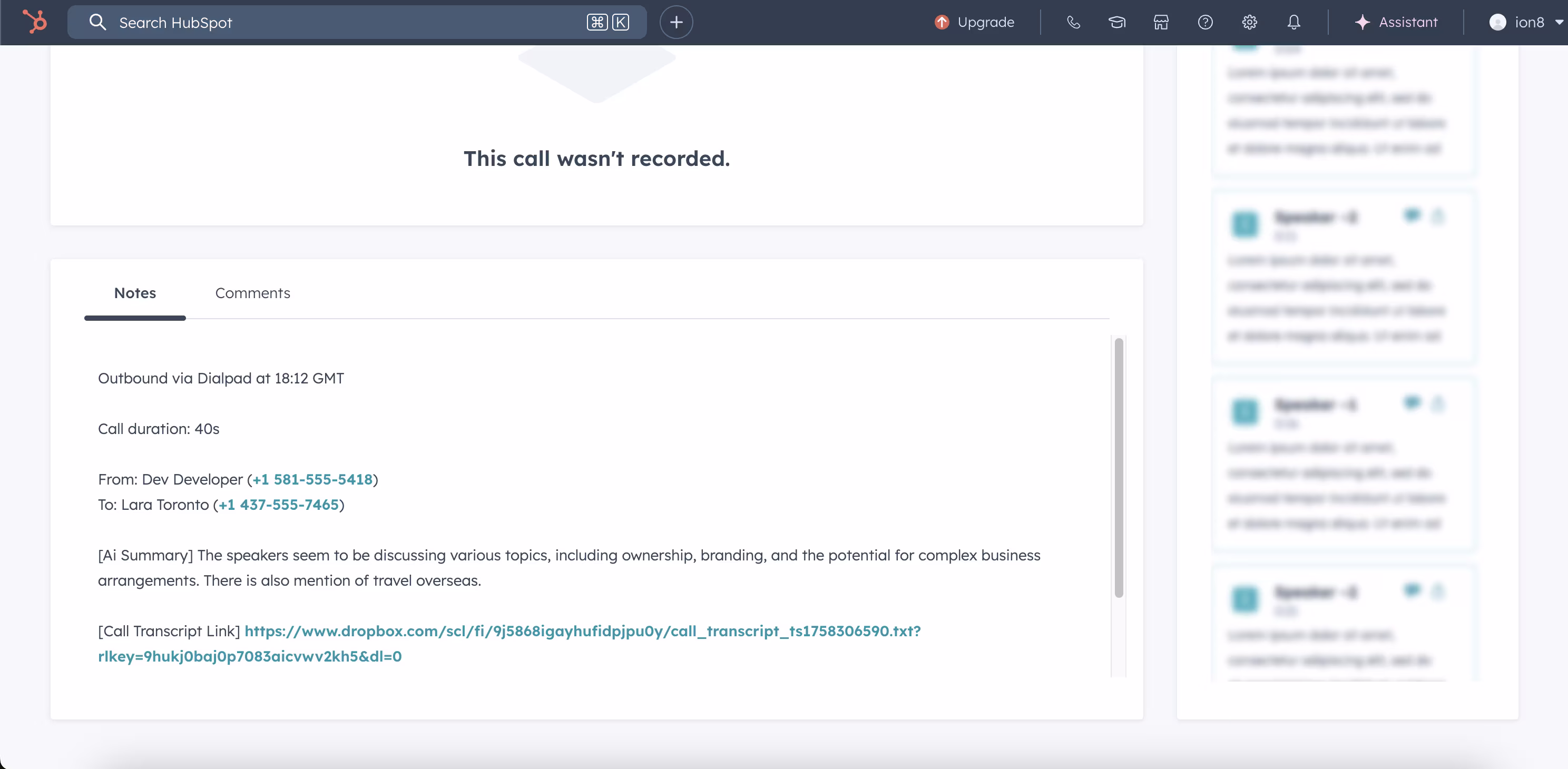 Call details in HubSpot showing recording information