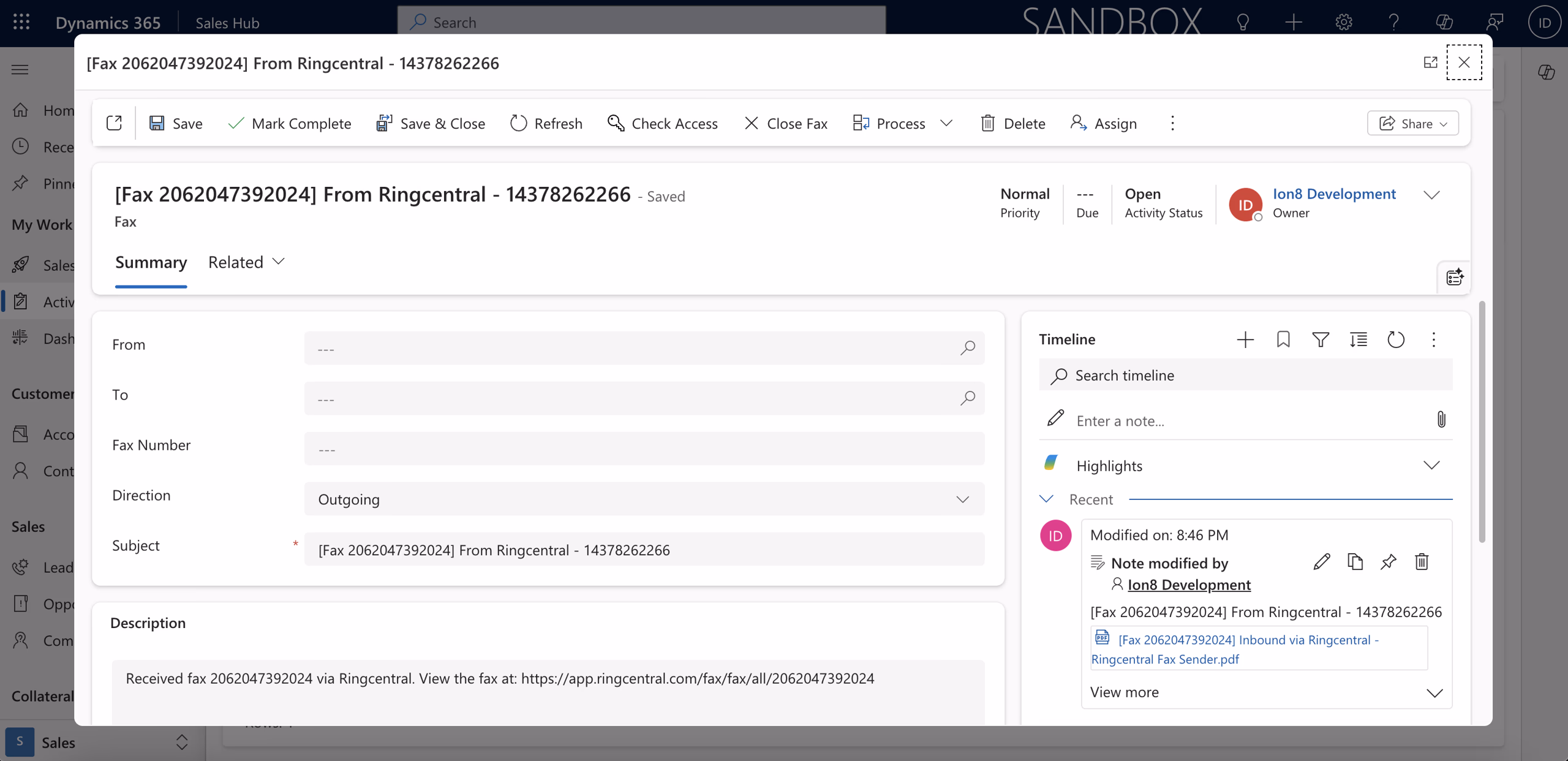 Fax logged as Fax record with timeline enabled in Microsoft Dynamics 365 Sales