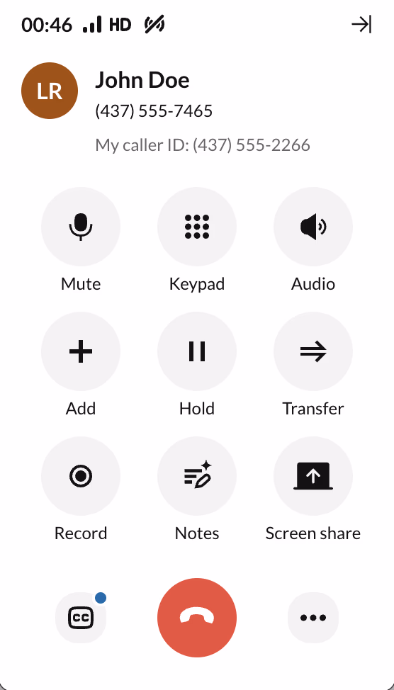 RingCentral mobile app call screen showing Record button