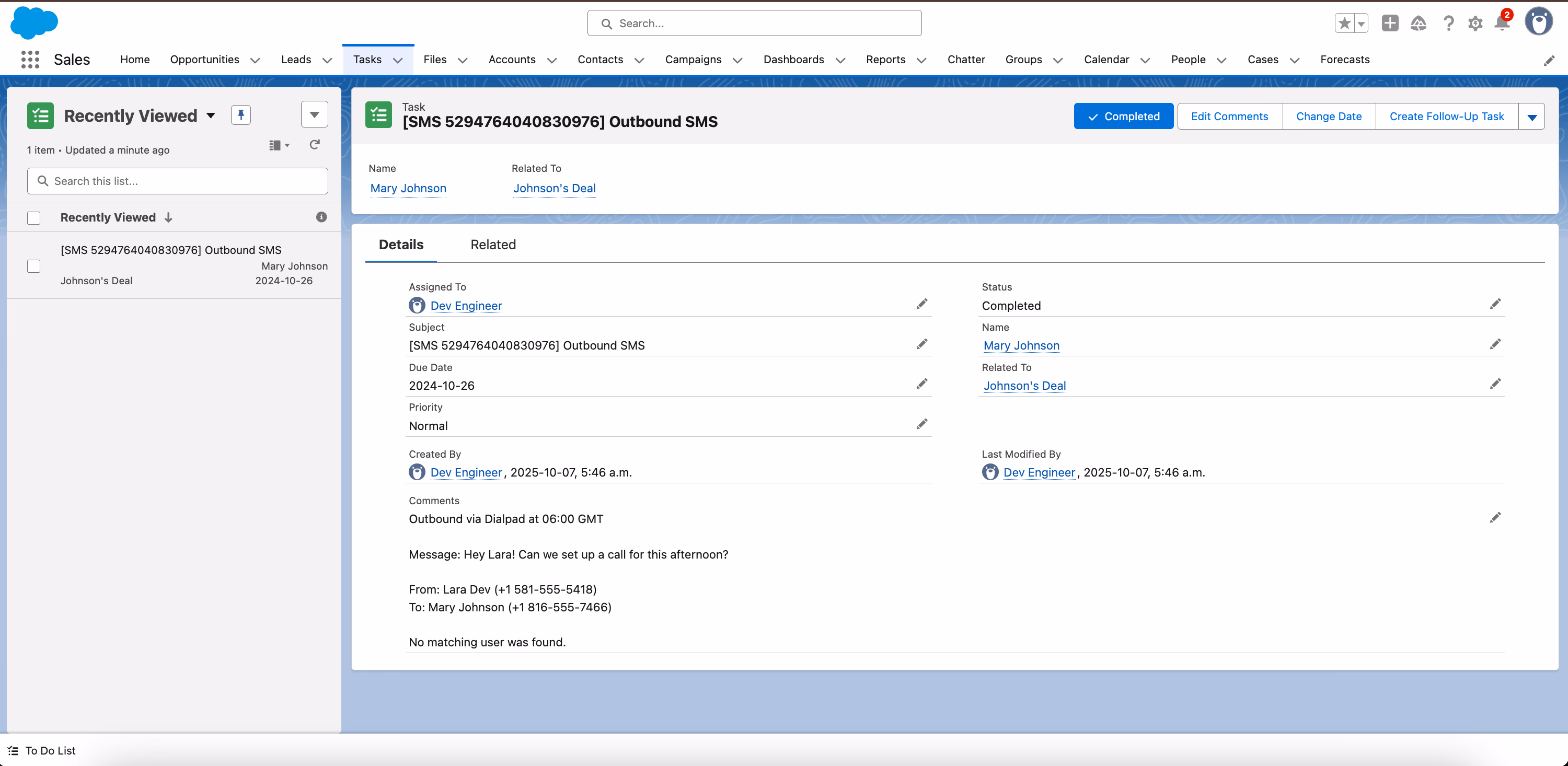 SMS logged as Task in Salesforce