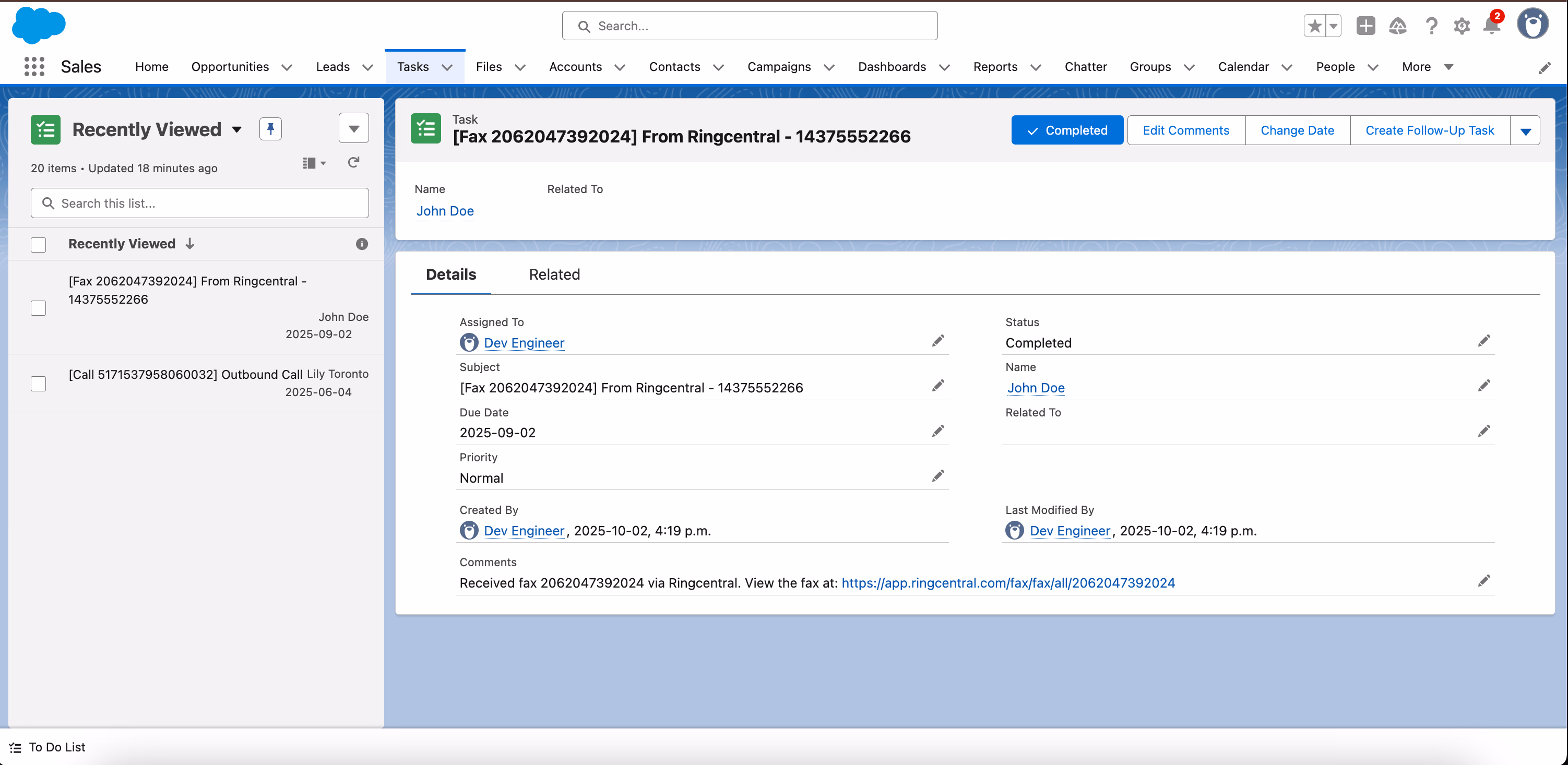 Fax logged as Task in Salesforce