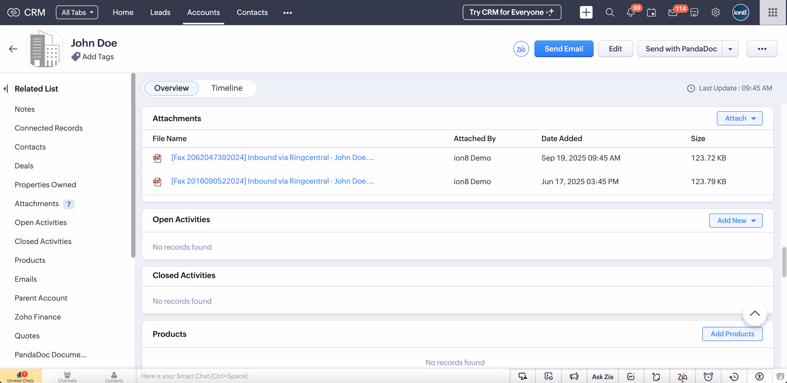 Fax logged as Attachment in Zoho CRM