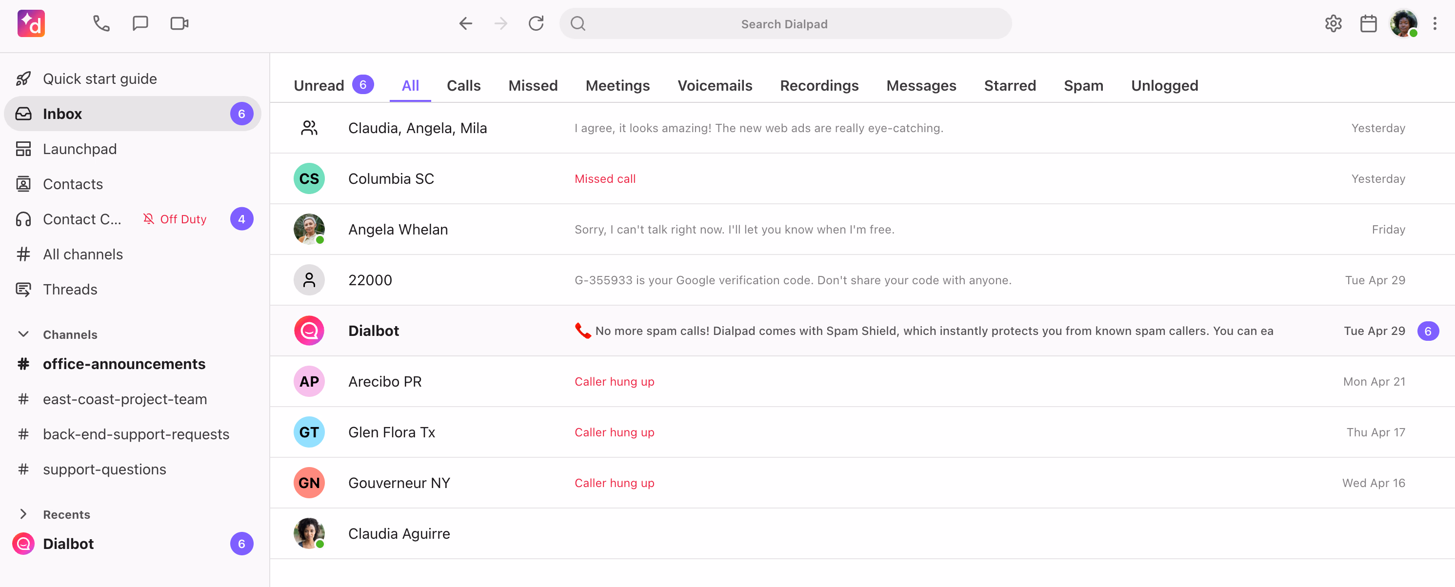 Dialpad user interface
