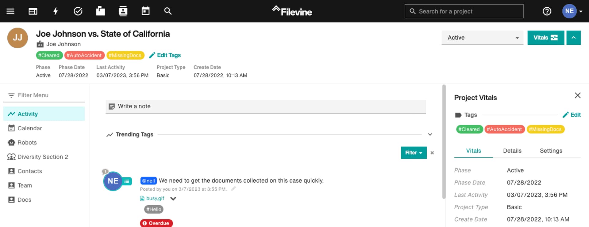 Filevine user interface