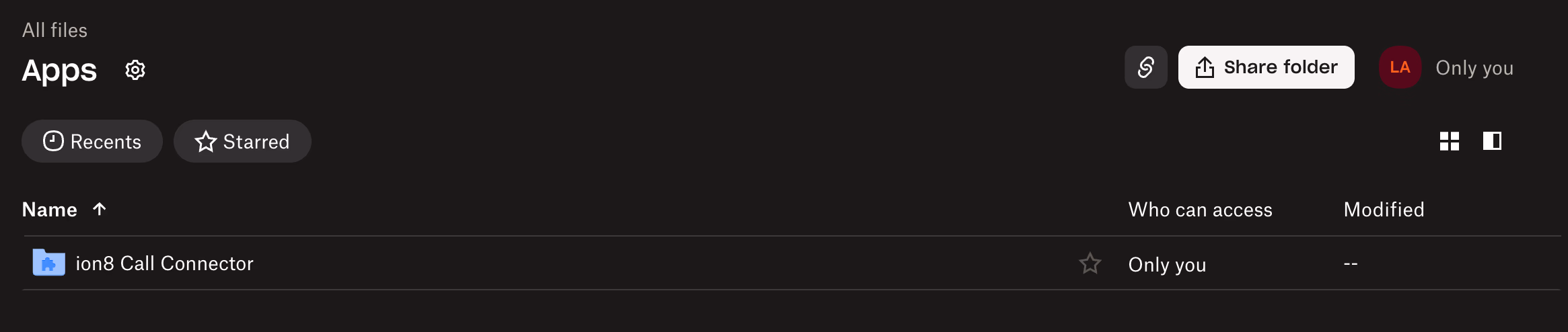 Screen showing ion8 Call Connector folder within apps folder