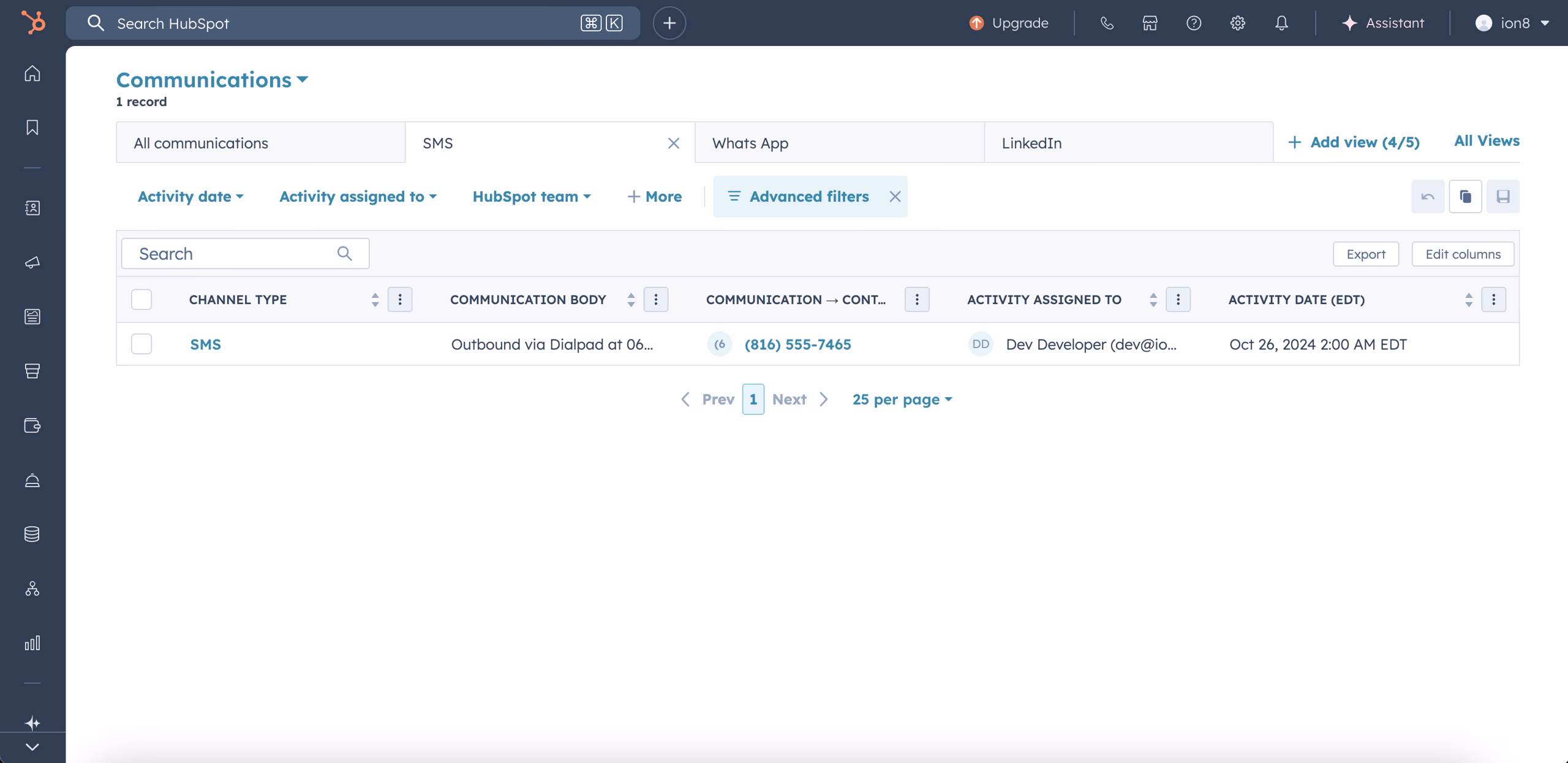 SMS logged as Communication in HubSpot