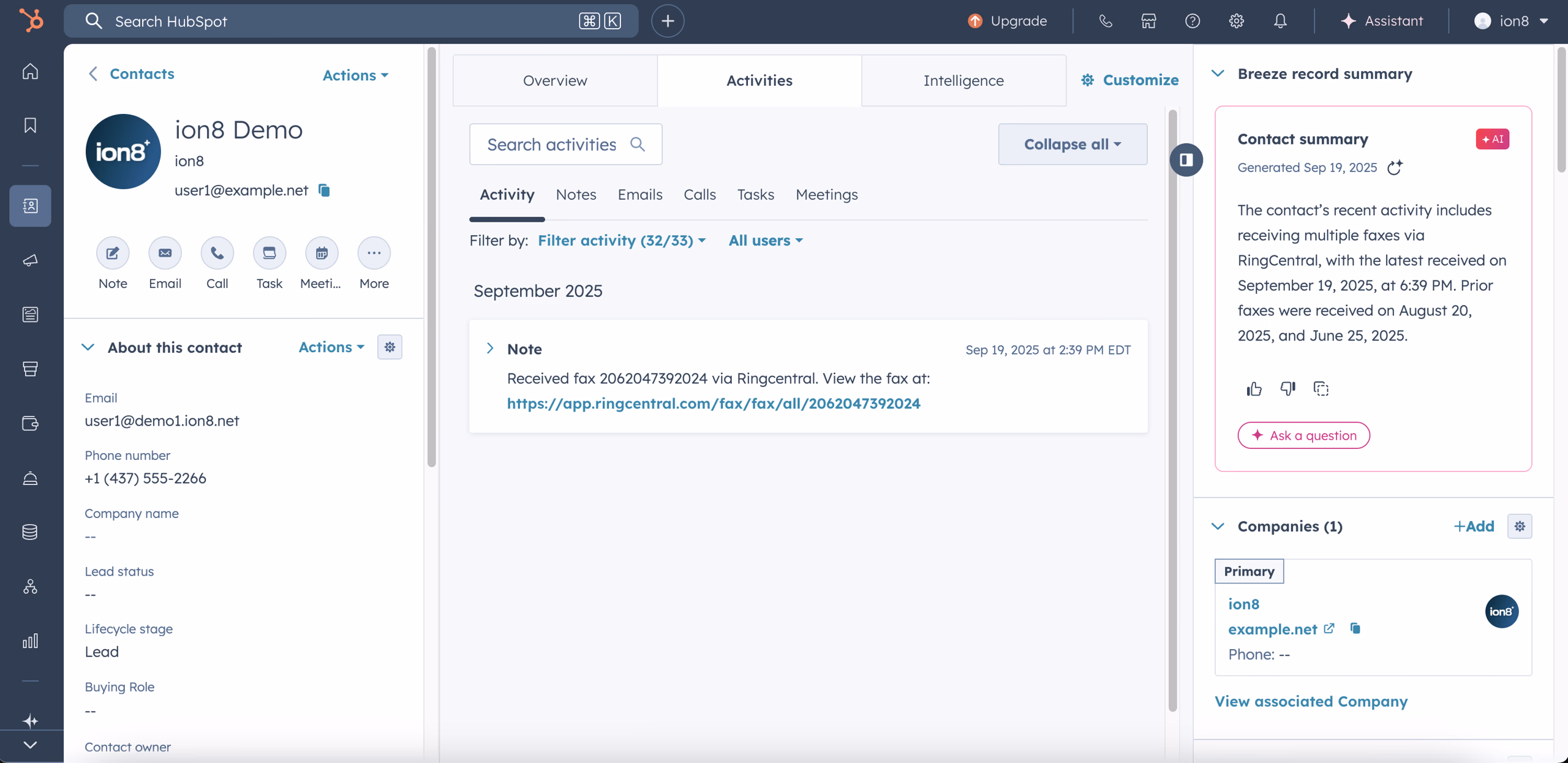 Fax logged as Note in HubSpot