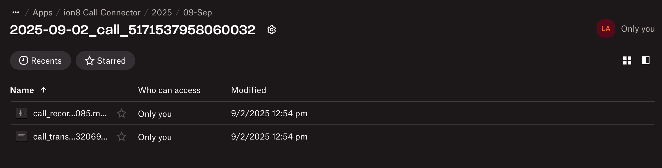 Screen showing individual recording and transcript
