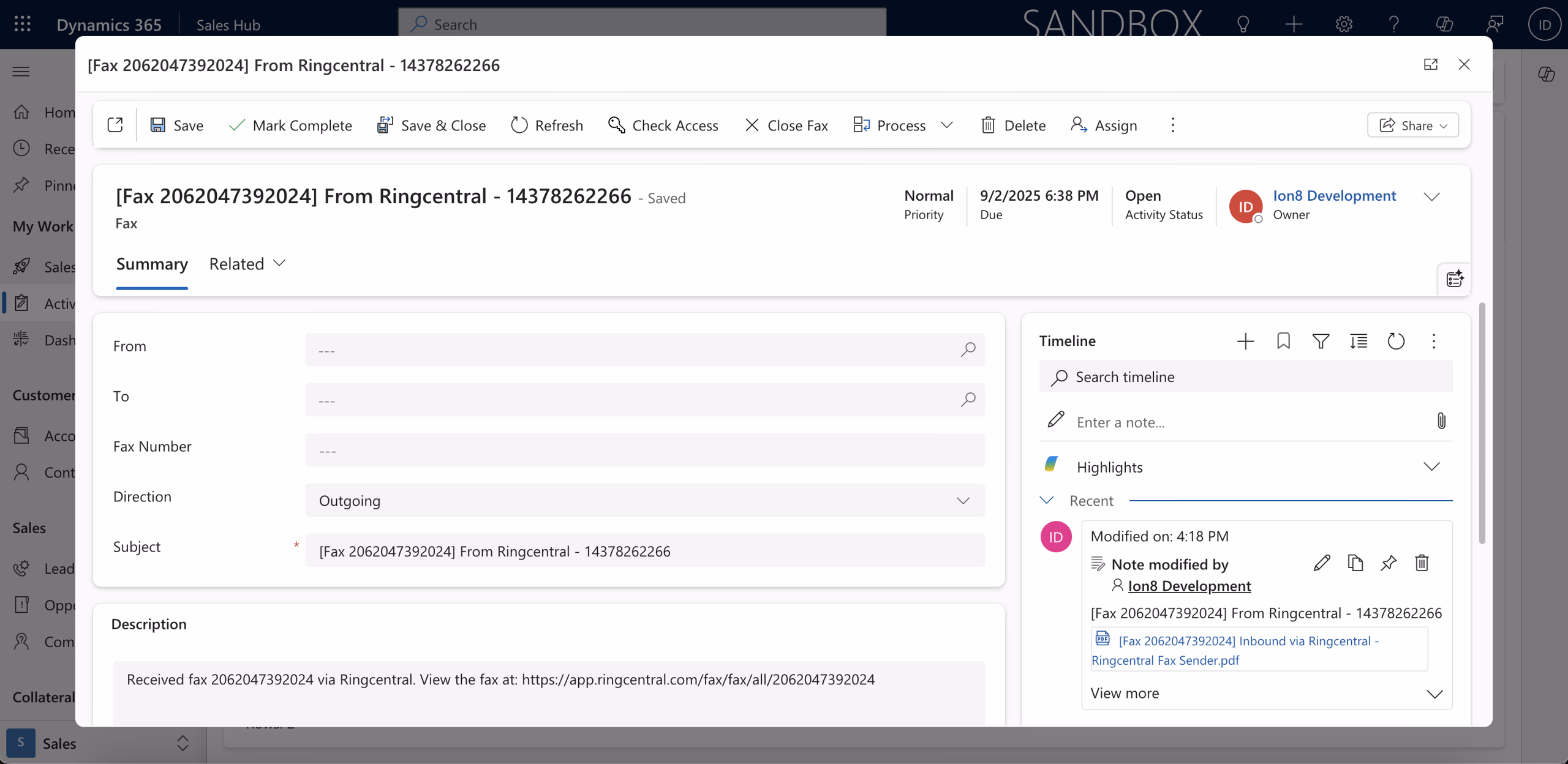 Fax logged as Fax record without timeline in Microsoft Dynamics 365 Sales
