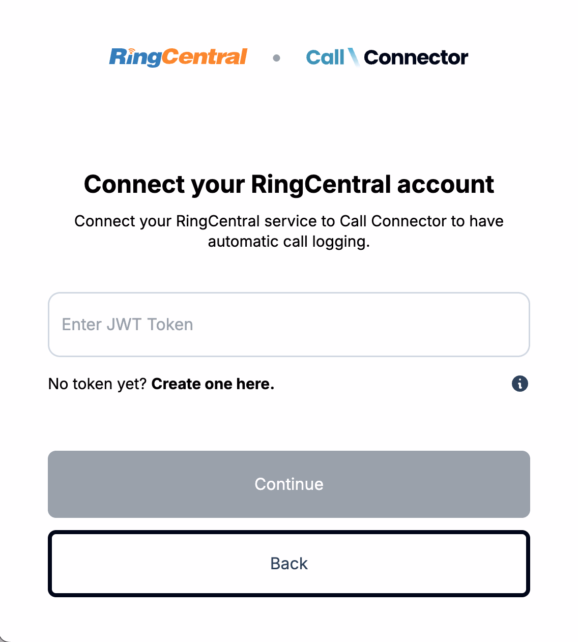 RingCentral connection configuration in Call Connector dashboard