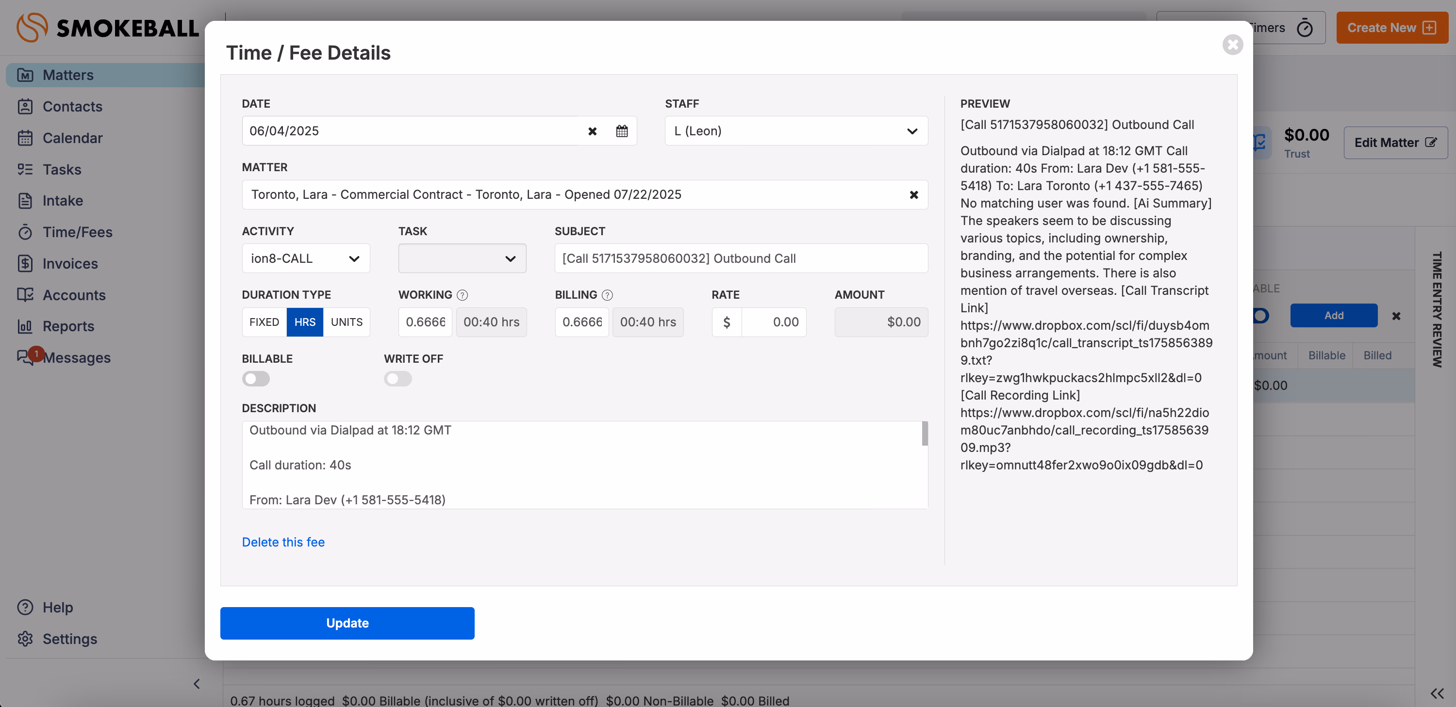 Call logged as Task in Smokeball