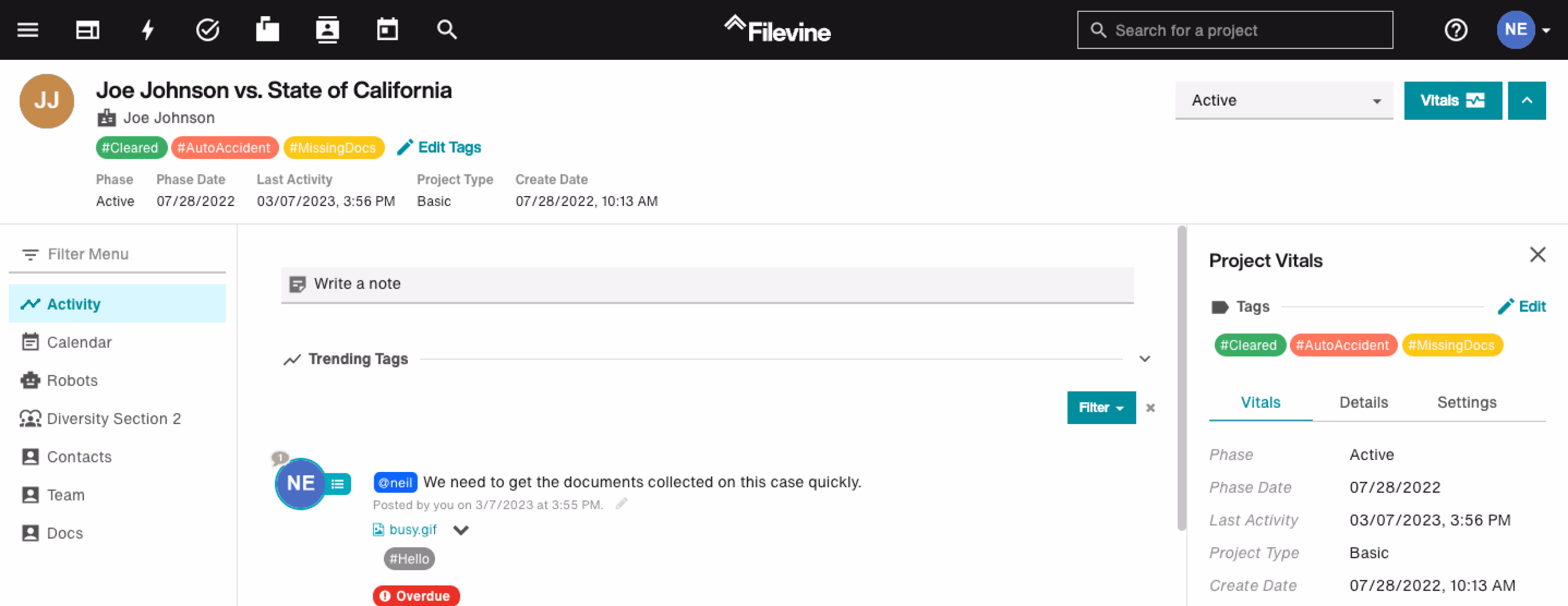 Filevine user interface